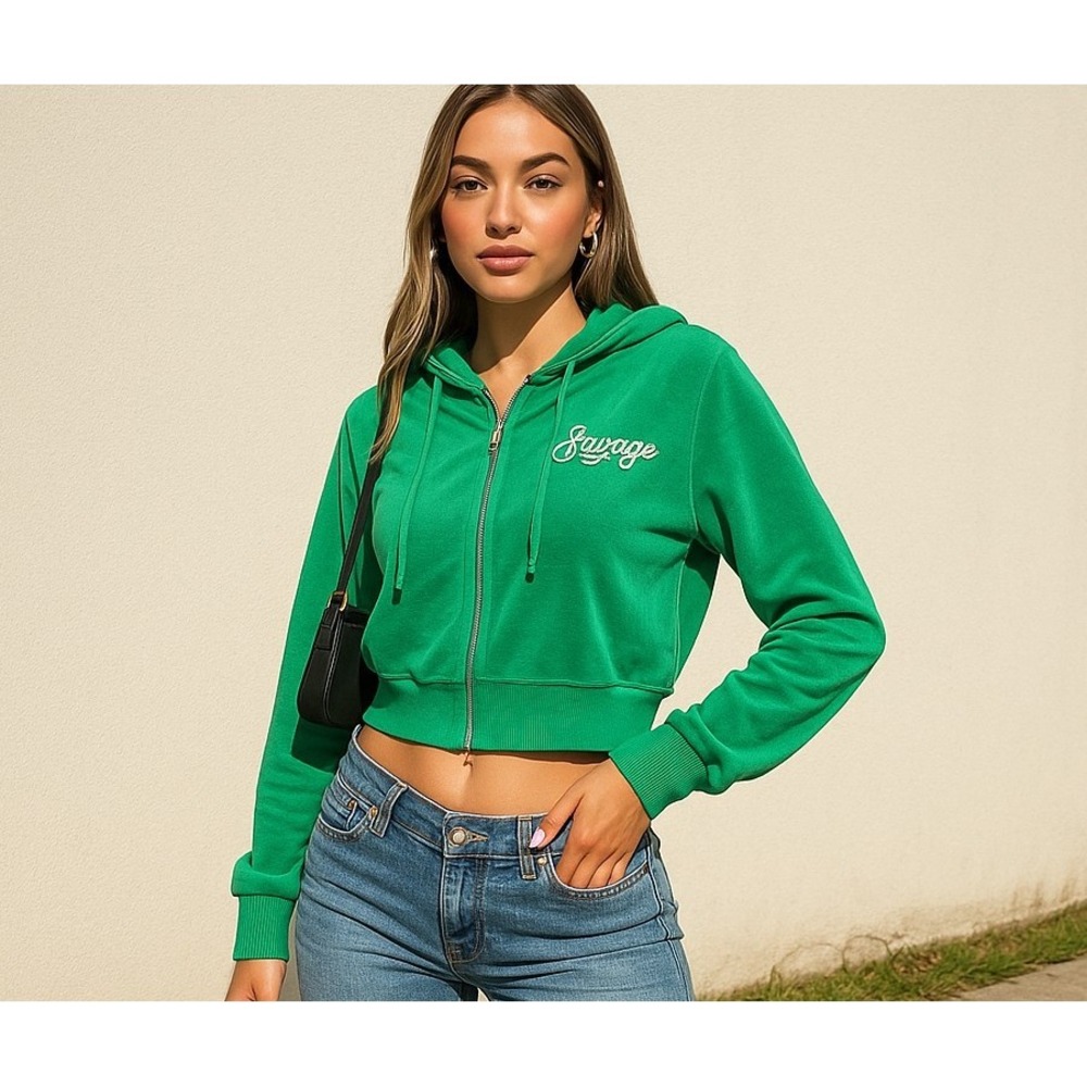 Rue‎ 21 Green XS Velour Cropped Zip Up Hoodie Savage Graphic Y2K Collection NWT